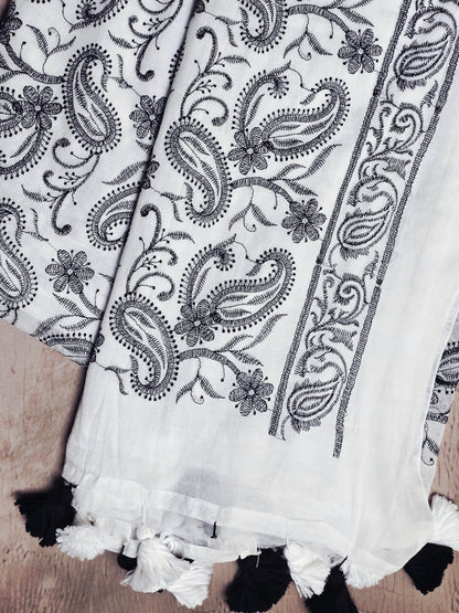 Ivory White Mul Cotton Saree with Black Paisley Embroidery & Tassels