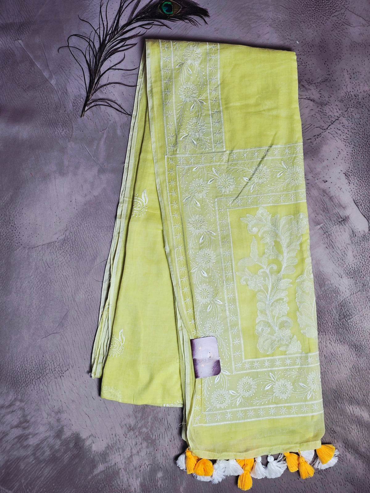 Pistachio Lime Mul Cotton Saree with White Floral Embroidery & Tassels