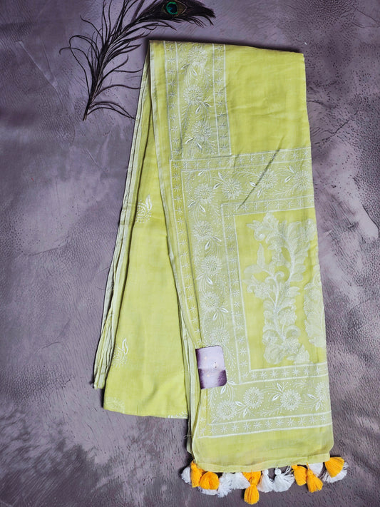 Pistachio Lime Mul Cotton Saree with White Floral Embroidery & Tassels