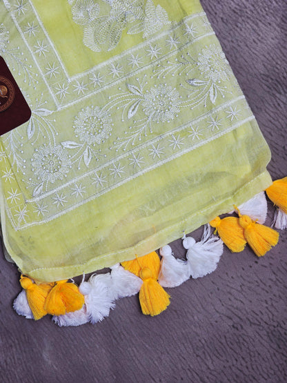 Pistachio Lime Mul Cotton Saree with White Floral Embroidery & Tassels