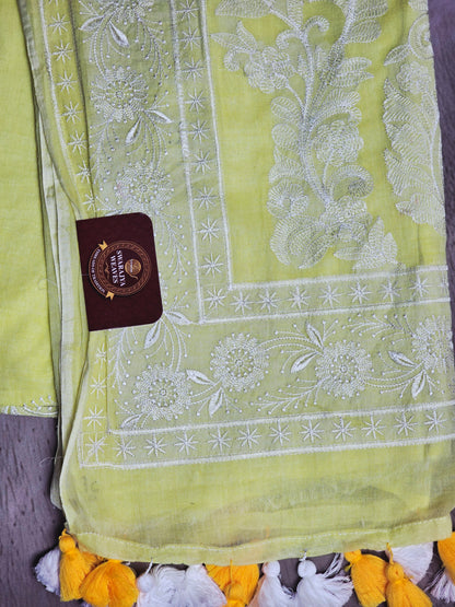 Pistachio Lime Mul Cotton Saree with White Floral Embroidery & Tassels