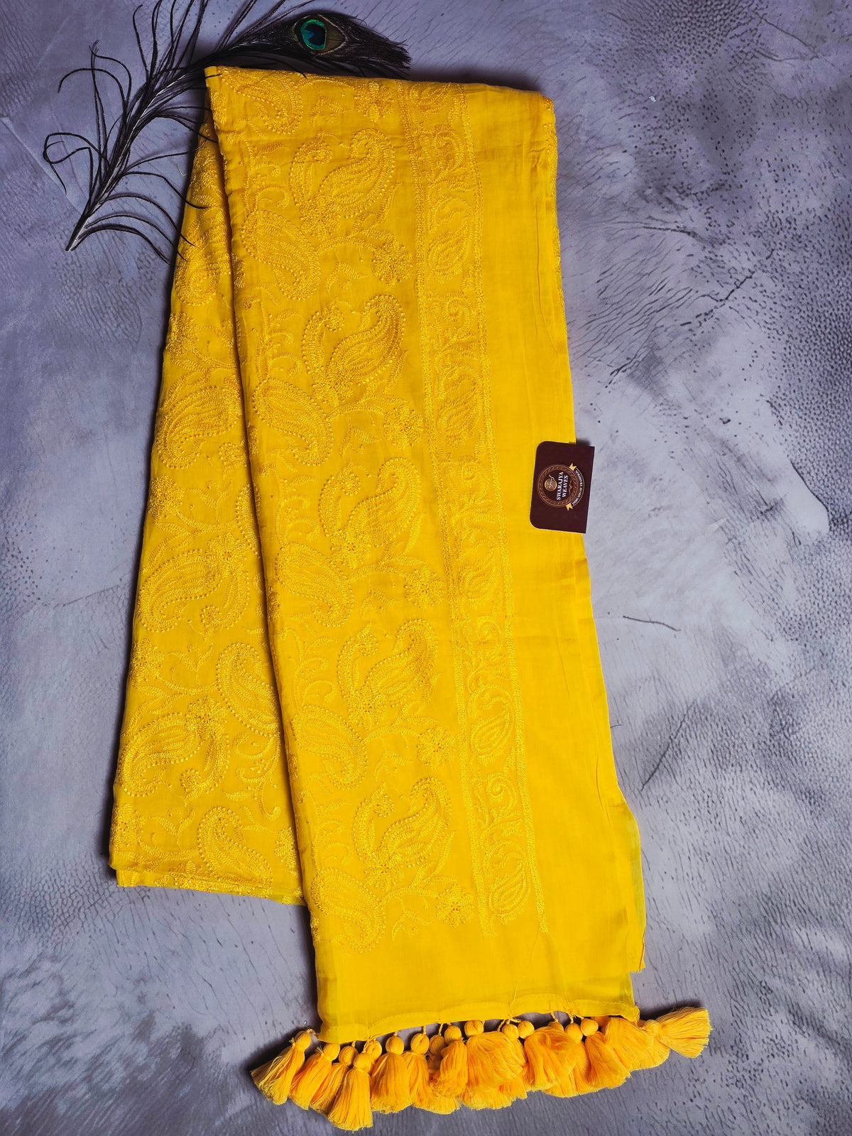 Mustard Gold Paisley Mul Cotton Saree with Tonal Embroidery & Tassels