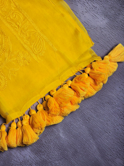Mustard Gold Paisley Mul Cotton Saree with Tonal Embroidery & Tassels