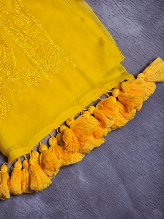 Mustard Gold Paisley Mul Cotton Saree with Tonal Embroidery & Tassels