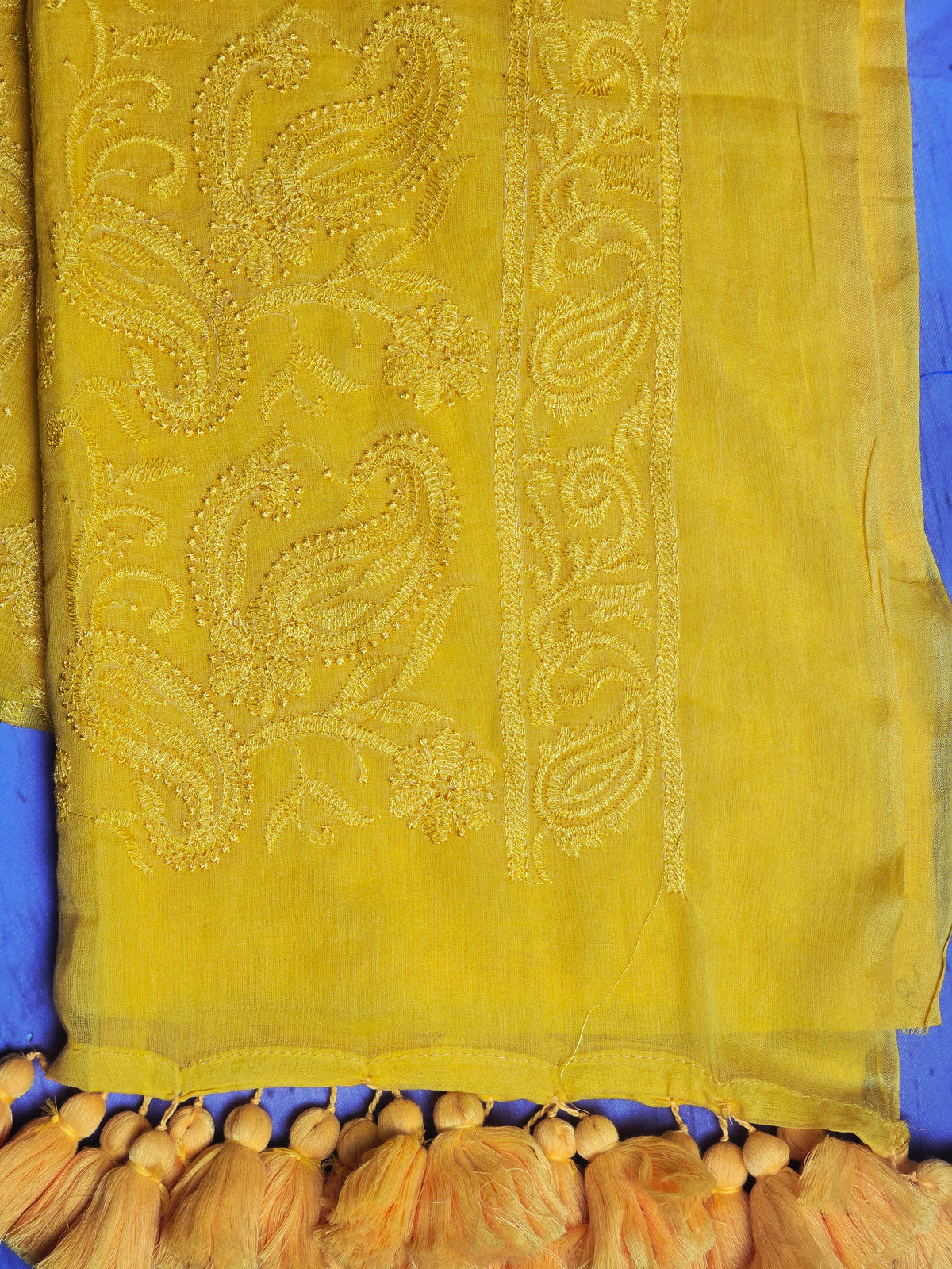 Mustard Gold Paisley Mul Cotton Saree with Tonal Embroidery & Tassels