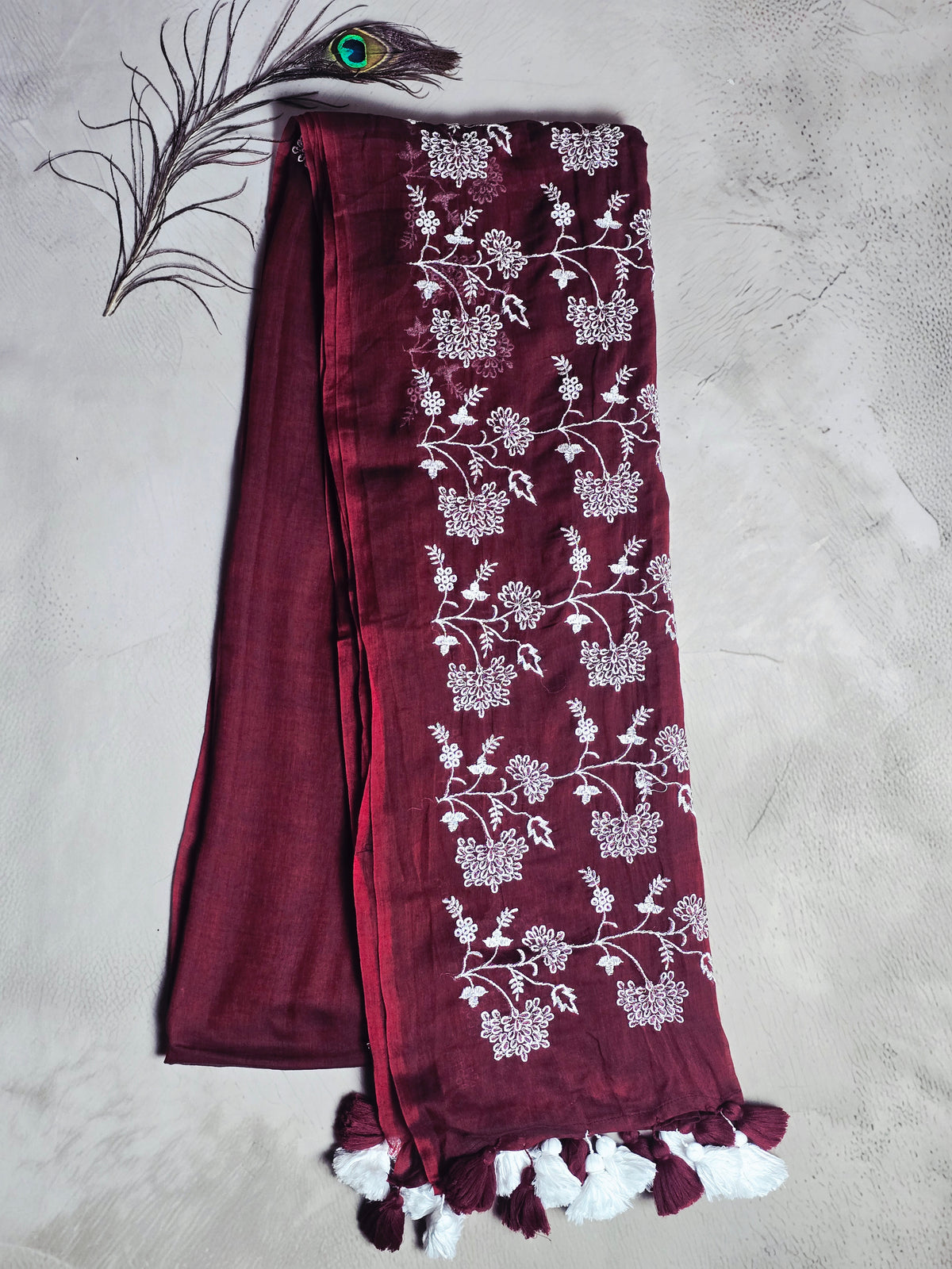 Wine Blossom Embroidery Mul Cotton Saree with Tassel Border