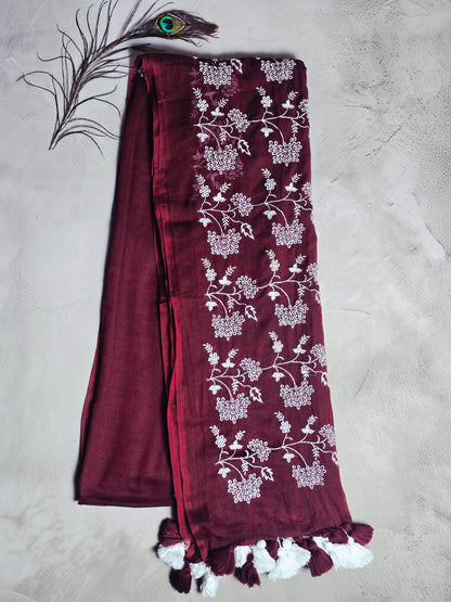 Wine Blossom Embroidery Mul Cotton Saree with Tassel Border