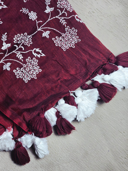 Wine Blossom Embroidery Mul Cotton Saree with Tassel Border