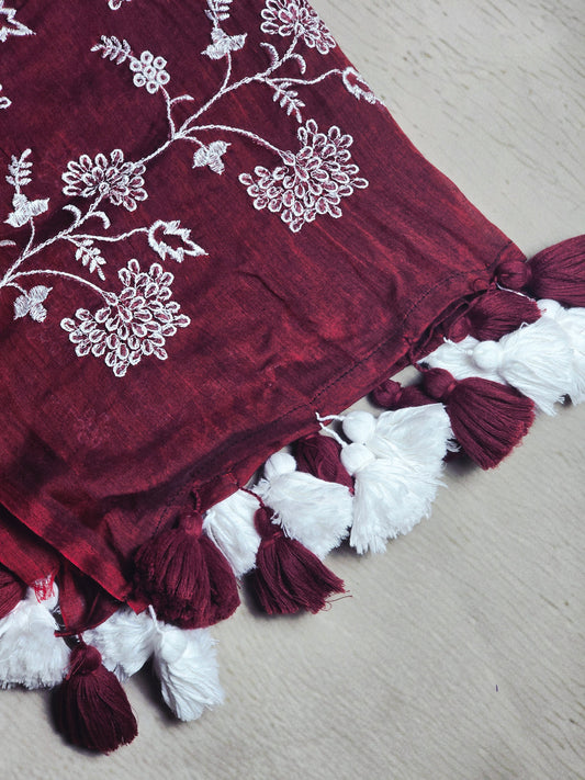 Wine Blossom Embroidery Mul Cotton Saree with Tassel Border
