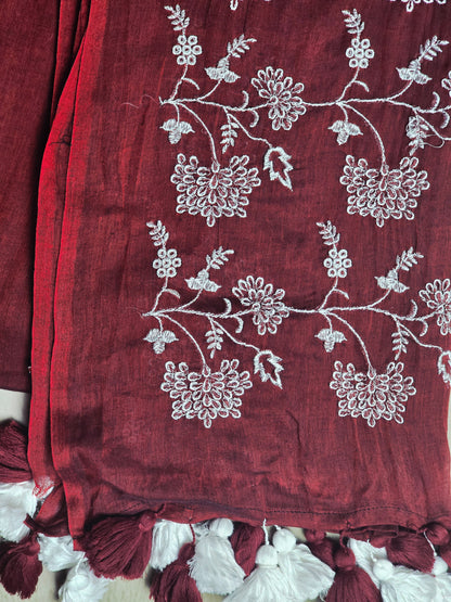 Wine Blossom Embroidery Mul Cotton Saree with Tassel Border