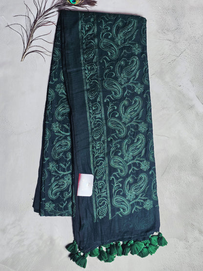 Midnight Teal Paisley Mul Cotton Saree with Tonal Embroidery & Tassels