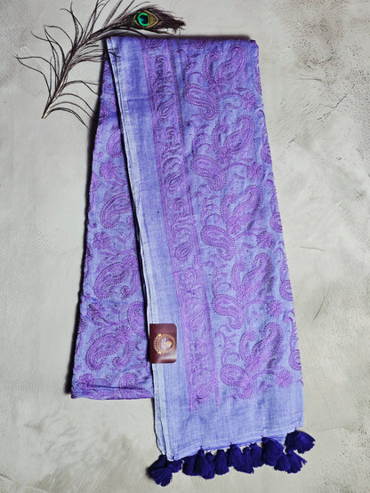 Lavender Paisley Mul Cotton Saree with Tonal Embroidery & Tassels