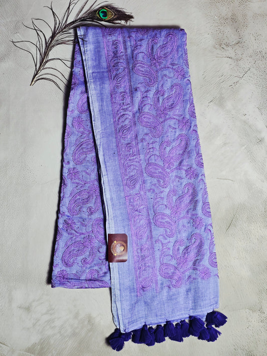 Lavender Paisley Mul Cotton Saree with Tonal Embroidery & Tassels