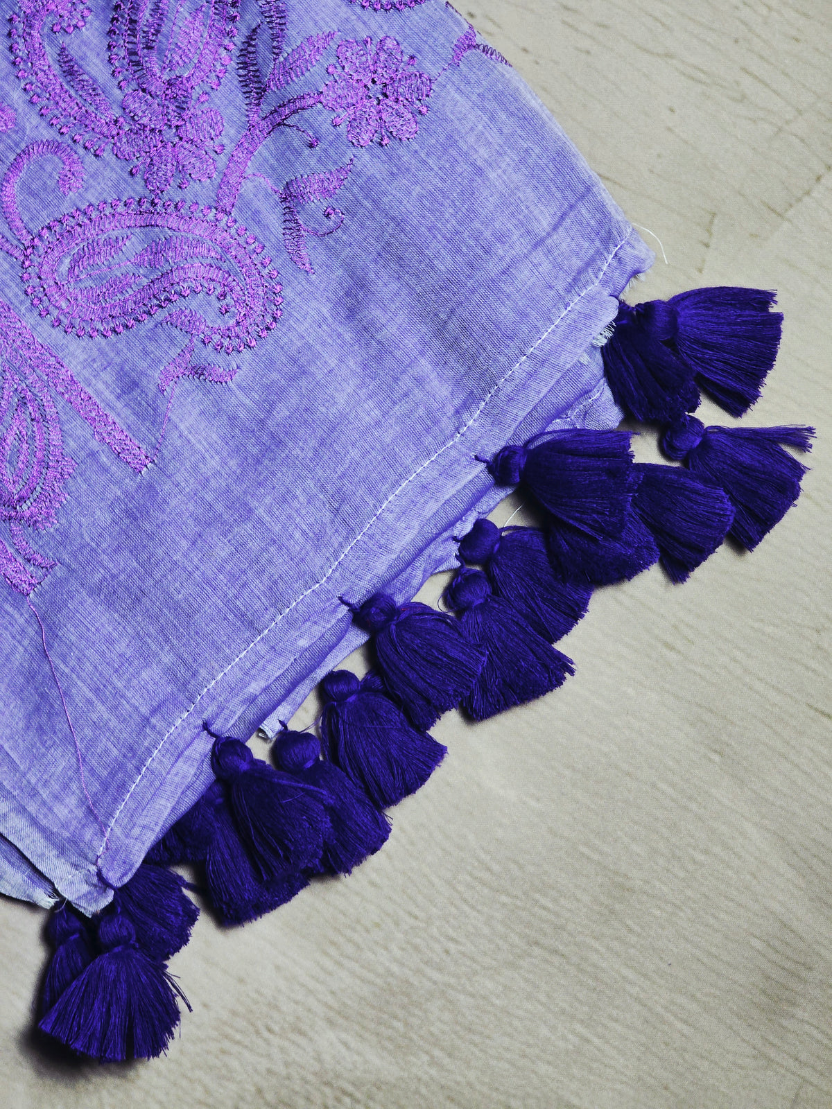 Lavender Paisley Mul Cotton Saree with Tonal Embroidery & Tassels