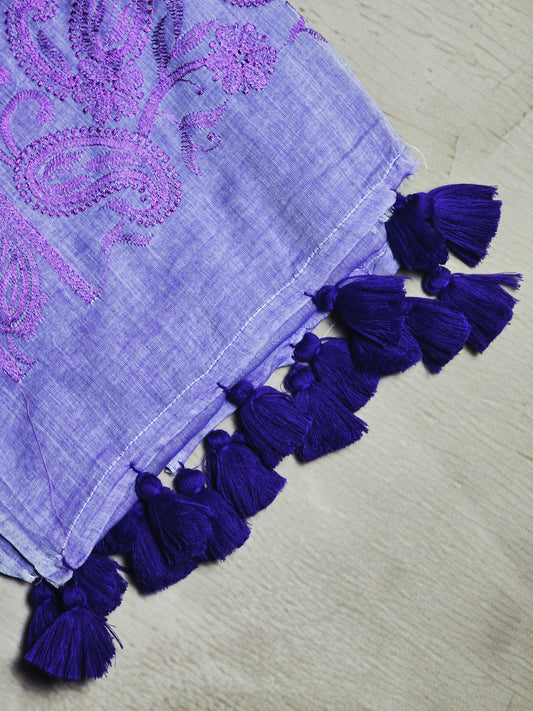 Lavender Paisley Mul Cotton Saree with Tonal Embroidery & Tassels