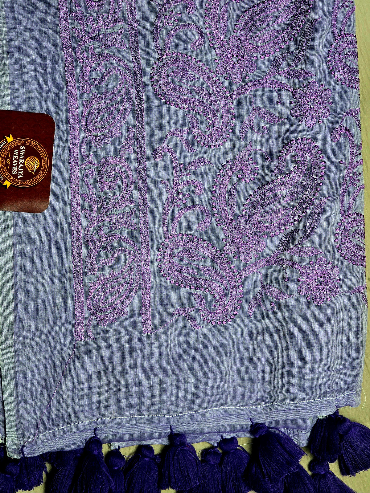 Lavender Paisley Mul Cotton Saree with Tonal Embroidery & Tassels