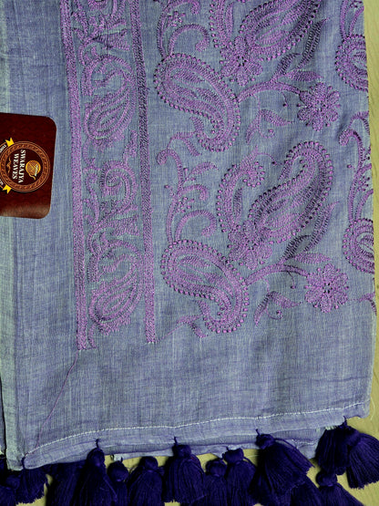 Lavender Paisley Mul Cotton Saree with Tonal Embroidery & Tassels