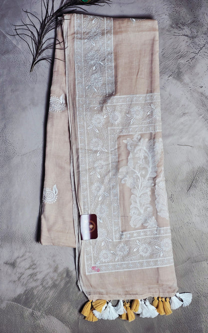 Blush Beige Floral Embroidered Mul Cotton Saree with Tassels