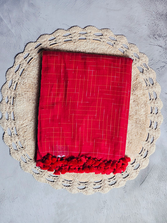 Crimson Gold-Check Handwoven Mul Cotton Saree with Red Tassel Detailing