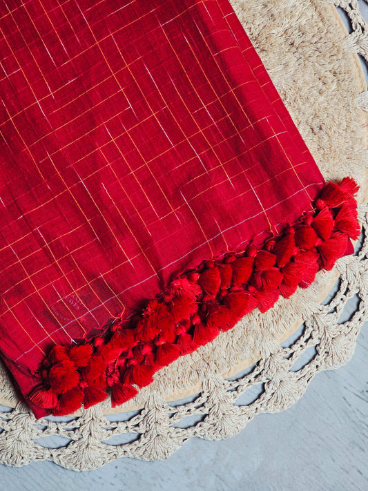 Crimson Gold-Check Handwoven Mul Cotton Saree with Red Tassel Detailing