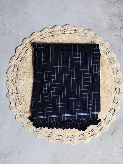 Midnight Silver-Check Handwoven Mul Cotton  Saree with Black Tassel Detailing