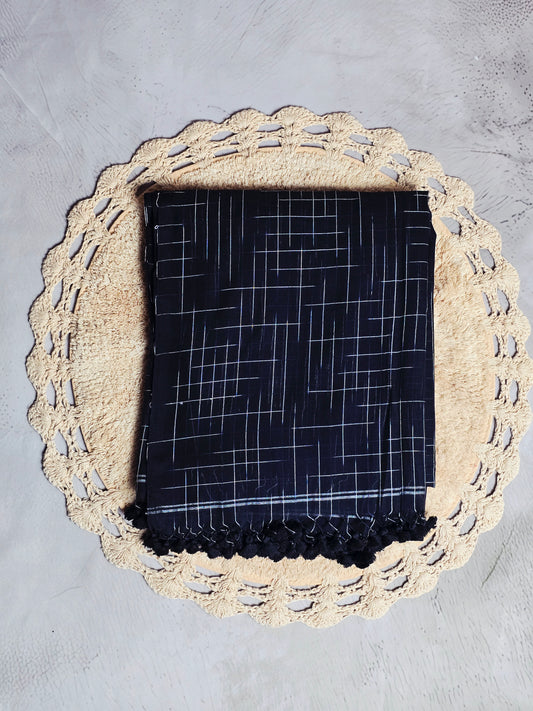 Midnight Silver-Check Handwoven Mul Cotton  Saree with Black Tassel Detailing
