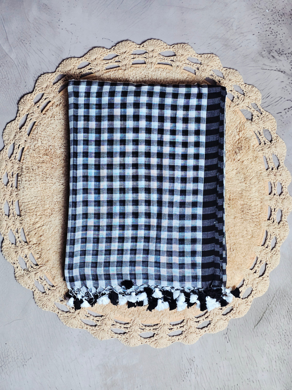Midnight Checkered Mul Cotton Saree with Monochrome Tassels