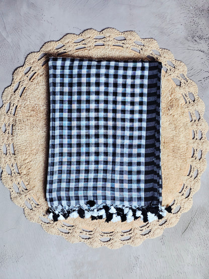 Midnight Checkered Mul Cotton Saree with Monochrome Tassels