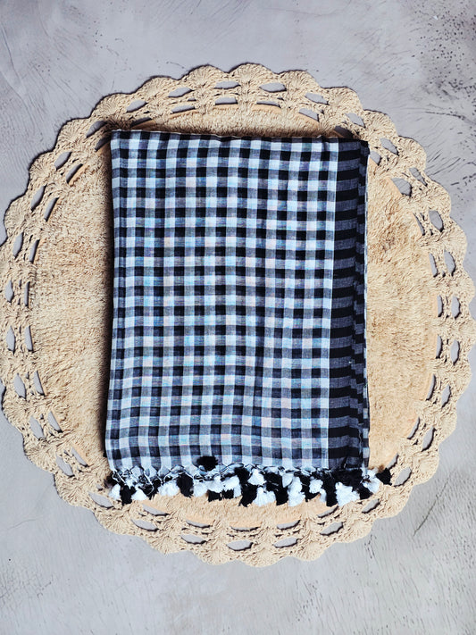 Midnight Checkered Mul Cotton Saree with Monochrome Tassels