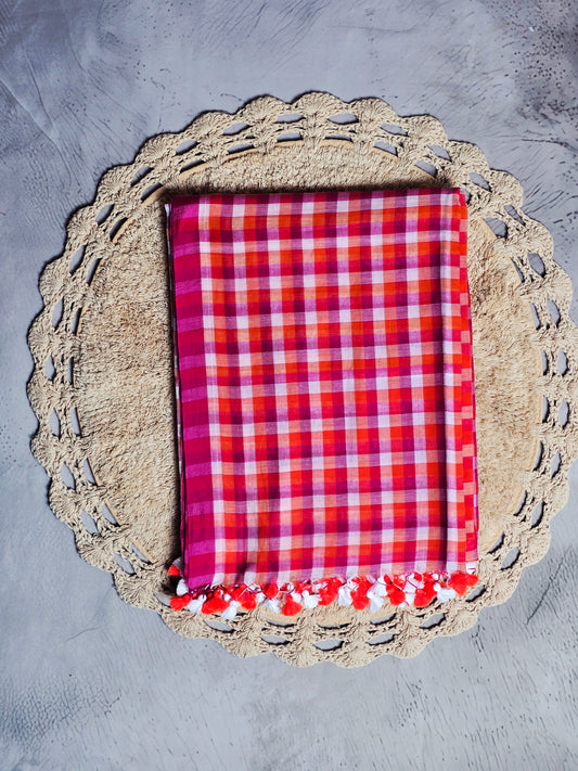 Ruby Sunset Checkered Mul Cotton Saree with Tassel Detailing