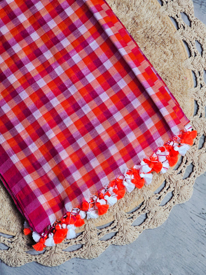 Ruby Sunset Checkered Mul Cotton Saree with Tassel Detailing