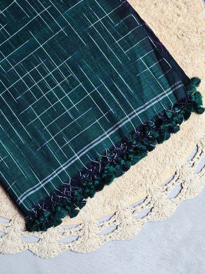 Midnight Teal Checkered Mul Cotton Saree with Tassel Detailing