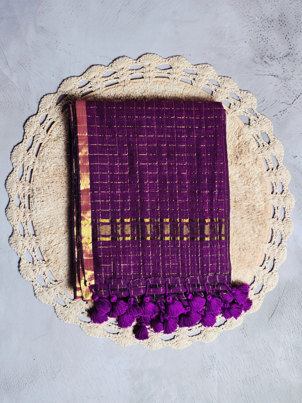 Royal Plum Checkered Mul Cotton Saree with Zari Accents & Tassel Detailing