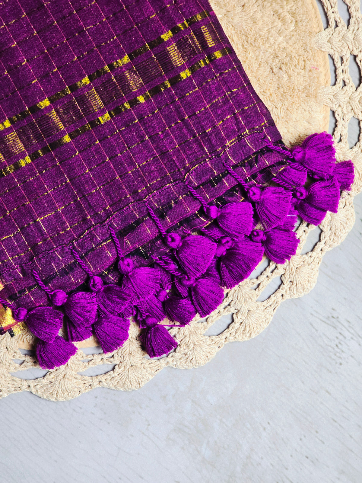 Royal Plum Checkered Mul Cotton Saree with Zari Accents & Tassel Detailing