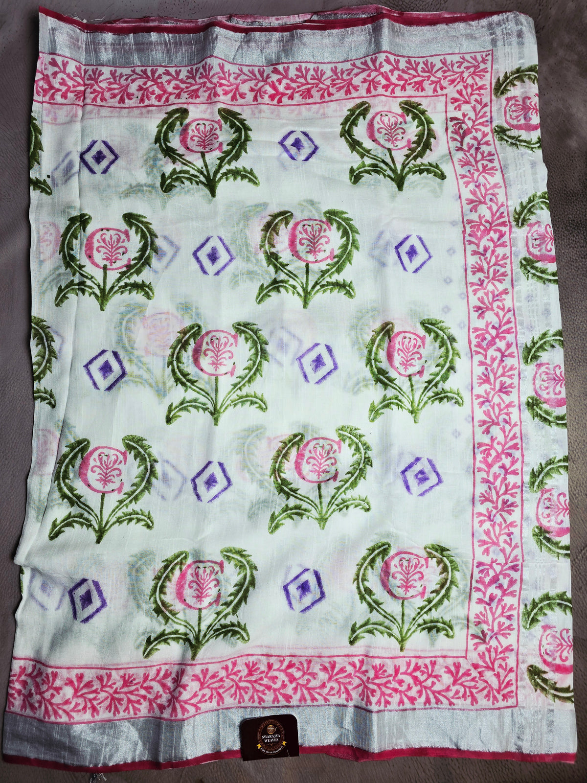 Garden Mist Linen Cotton  Saree with Handblock Floral Motifs & Rose Pink Border