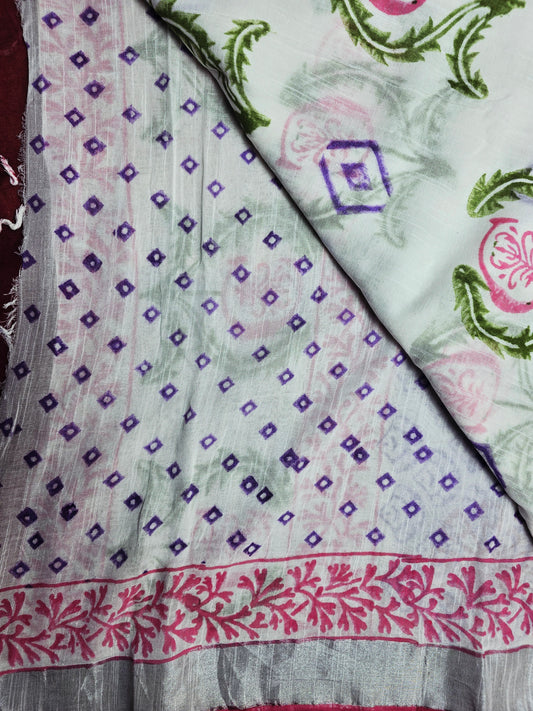 Garden Mist Linen Cotton  Saree with Handblock Floral Motifs & Rose Pink Border