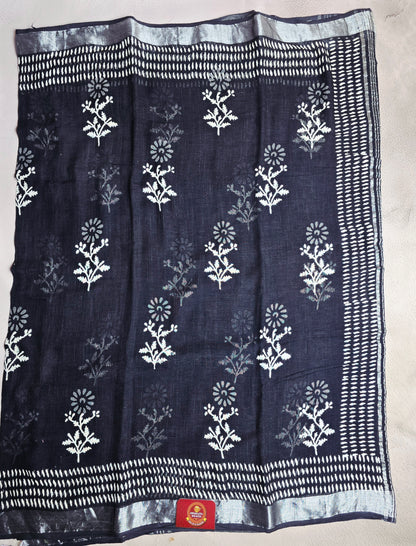 Midnight Bloom Linen Cotton Saree with Handblock Floral Motifs & Silver Border