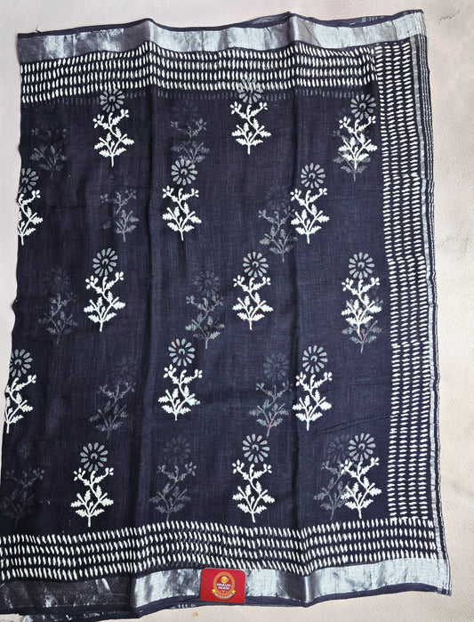 Midnight Bloom Linen Cotton Saree with Handblock Floral Motifs & Silver Border