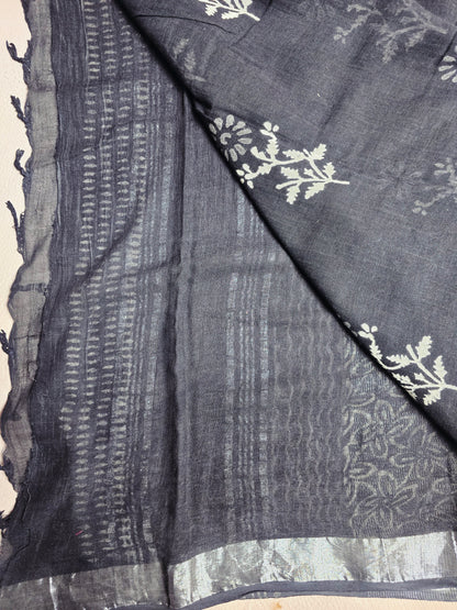 Midnight Bloom Linen Cotton Saree with Handblock Floral Motifs & Silver Border
