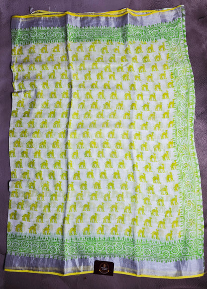 Ivory Meadow Linen Cotton  Saree with Handblock Elephant Motifs & Green Border