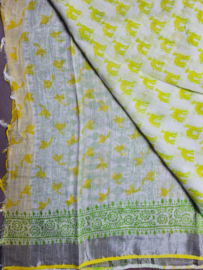 Ivory Meadow Linen Cotton  Saree with Handblock Elephant Motifs & Green Border