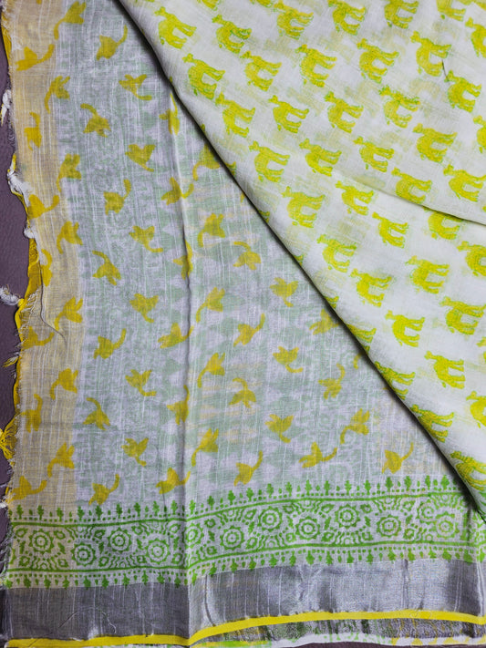 Ivory Meadow Linen Cotton  Saree with Handblock Elephant Motifs & Green Border