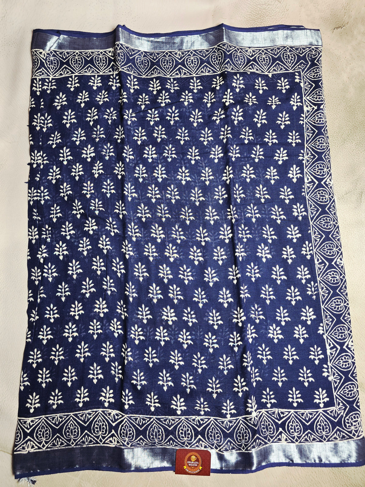 Indigo Bloom Linen Cotton  Saree with Ivory Floral Buti & Silver Border