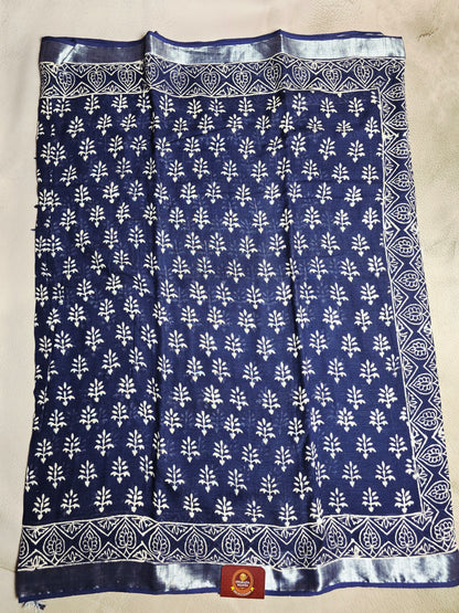 Indigo Bloom Linen Cotton  Saree with Ivory Floral Buti & Silver Border
