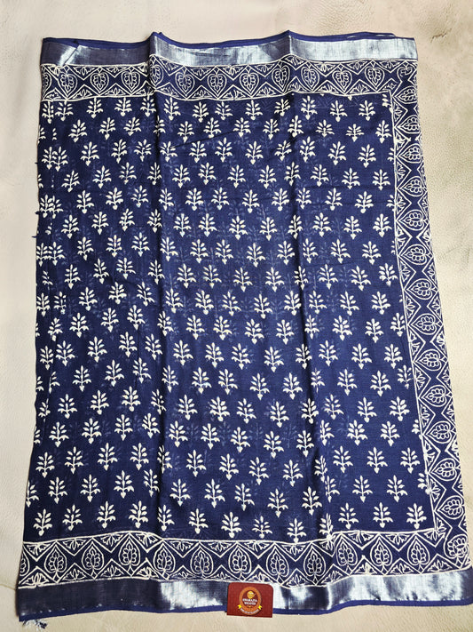 Indigo Bloom Linen Cotton  Saree with Ivory Floral Buti & Silver Border