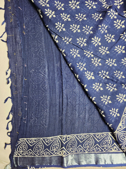 Indigo Bloom Linen Cotton  Saree with Ivory Floral Buti & Silver Border