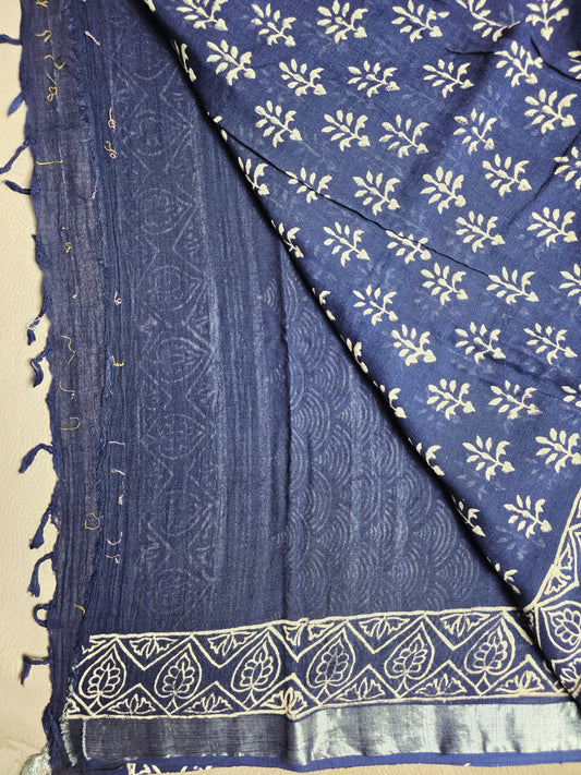 Indigo Bloom Linen Cotton  Saree with Ivory Floral Buti & Silver Border