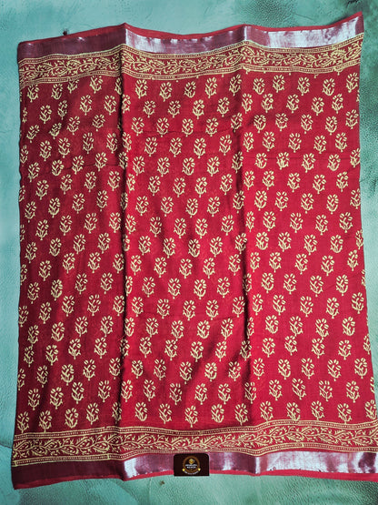 Maroon Heritage Bloom Linen Cotton  Saree with Golden Floral Buti