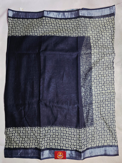 Midnight Bloom Linen Cotton  Saree with Ivory Floral Border