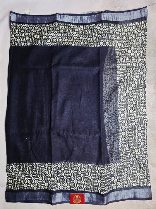 Midnight Bloom Linen Cotton  Saree with Ivory Floral Border